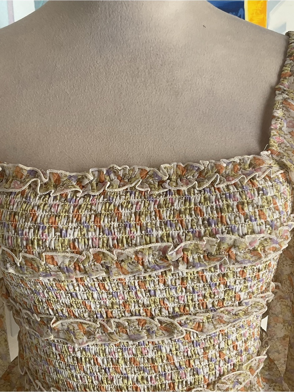 Astr Smocked Square-Neck Blouse in Cream and Yellow Floral - Picture 3 of 12